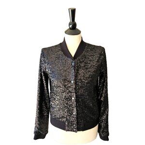 BAILEY-44 Black Sequin Bomber Jacket Snap Front Size S